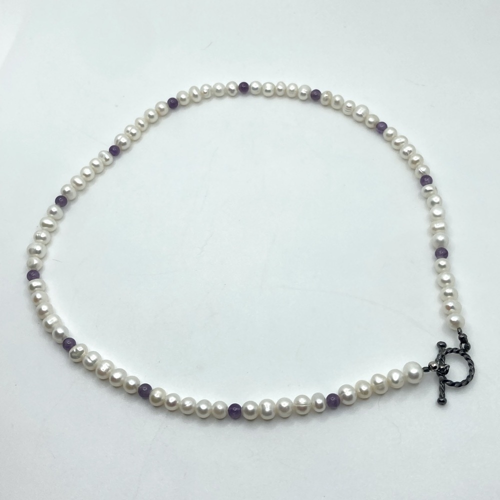 freshwater Pearl & Amethyst Bead Necklace Silver Tone Toggle Clasp Approx 17” - Picture 3 of 6